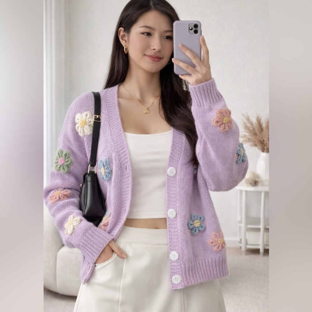 NEW Blossom Knit Cardigan Cream FloralButton-Up SweaterEmbroidered Cardigan - Picture 5 of 8
